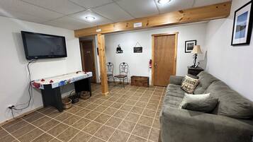 TV connectée, cheminée, livres, médiathÚque