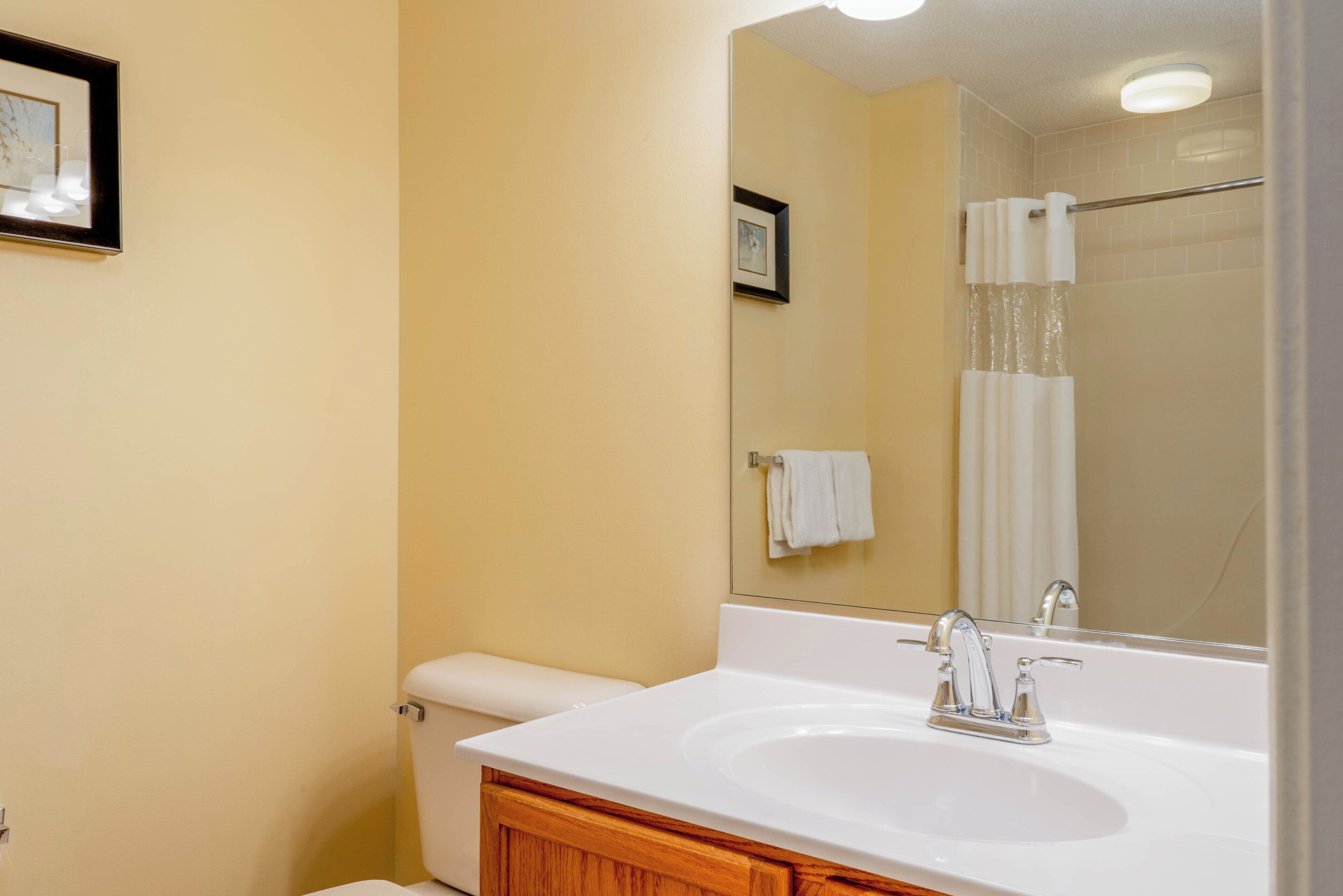 A bathroom with a white sink, a mirror, a toilet, and a shower.