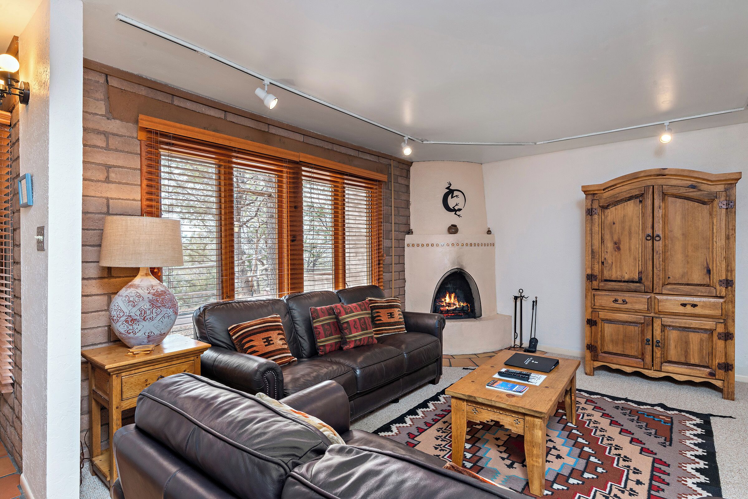 Smart TV, chimenea, reproductor de DVD y libros 