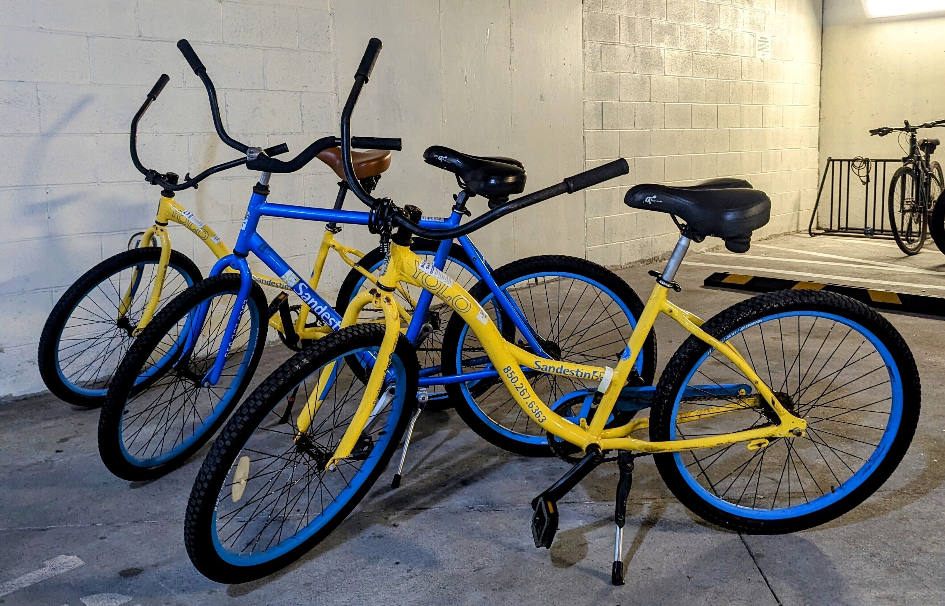 Three bicycles parked against a wall in a garage.