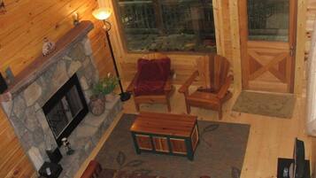 Fireplace, DVD player, books, stereo