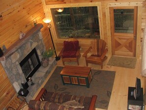Fireplace, DVD player, books, stereo