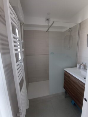 Ducha, secador de pelo, toallas, shampoo