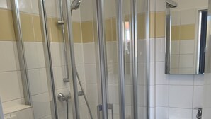 A modern bathroom with a glass-enclosed shower, a white toilet, and a sink with a mirror above it.