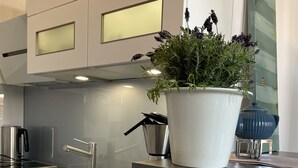 A modern kitchen with a stainless steel sink, a coffee maker, and a potted plant.