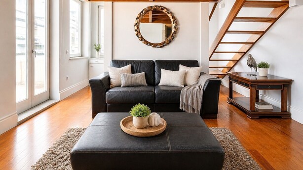 A living room with a black leather sofa, wooden beams on the ceiling, a round mirror, and a staircase.
