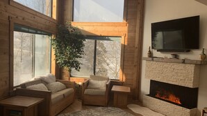 Una sala de estar acogedora con paredes de madera, ventanas amplias, una chimenea y un televisor de pantalla plana.