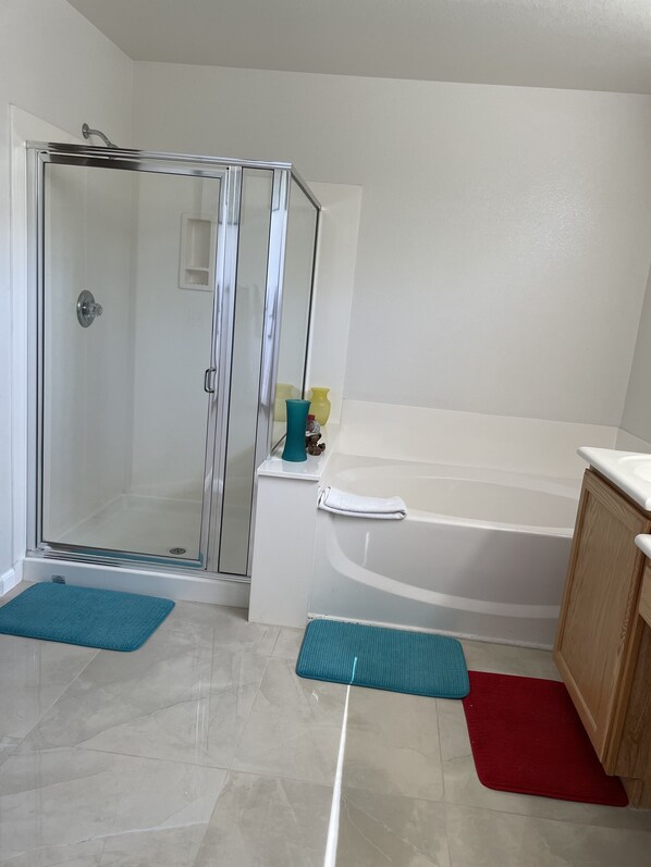 Combined shower/bathtub, hair dryer, towels, toilet paper