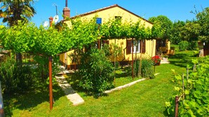 Ein gelbes Haus mit Garten, Weg und Schornstein.