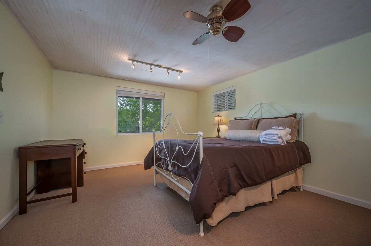A bedroom with a bed, a bedside table, a ceiling fan, a window, and a lamp.