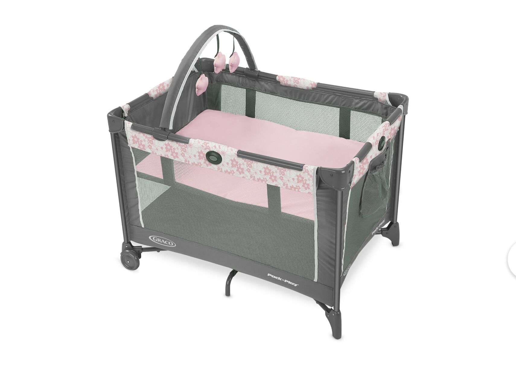 A portable baby playpen with a mesh design, wheels, and a handle.