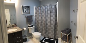 Combined shower/tub, hair dryer, towels, soap