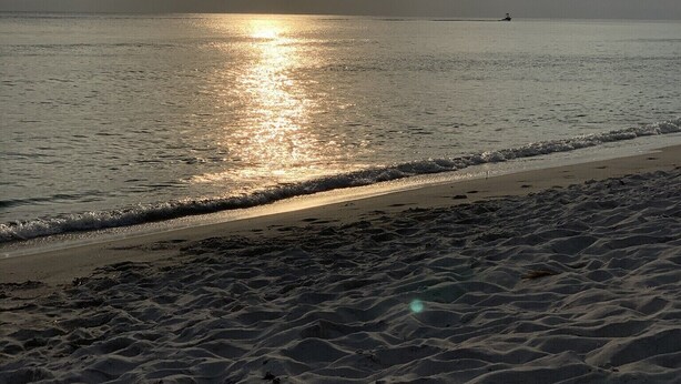A beach with a calm sea, a boat in the distance, and a clear sky.
