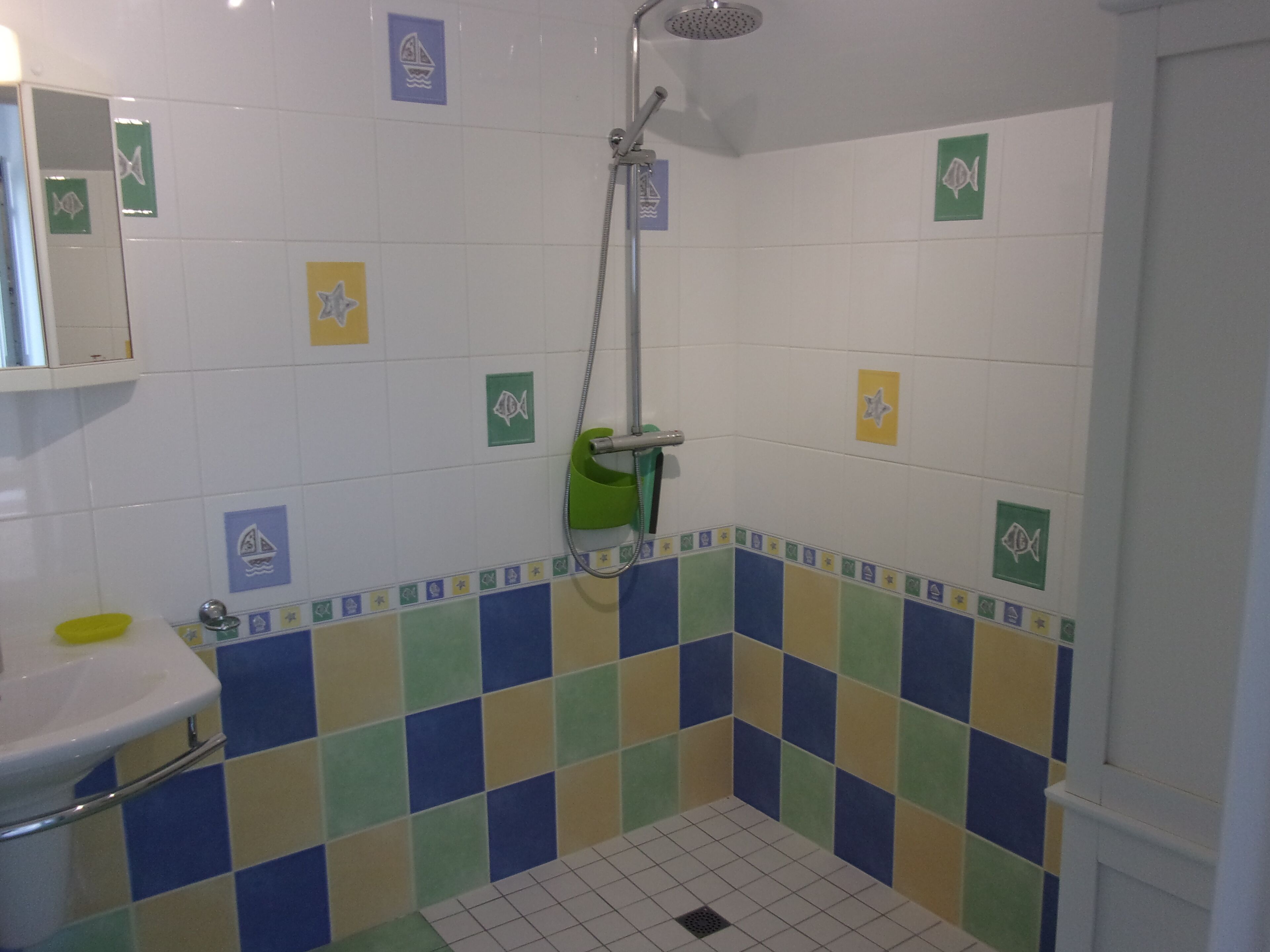 Une salle de bain avec une douche, un lavabo et un miroir.