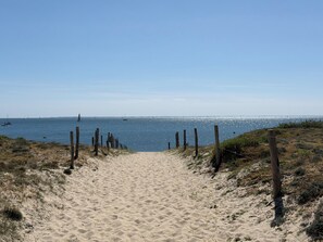 Ein Sandweg am Strand, der zum Meer führt, mit Booten in der Ferne.