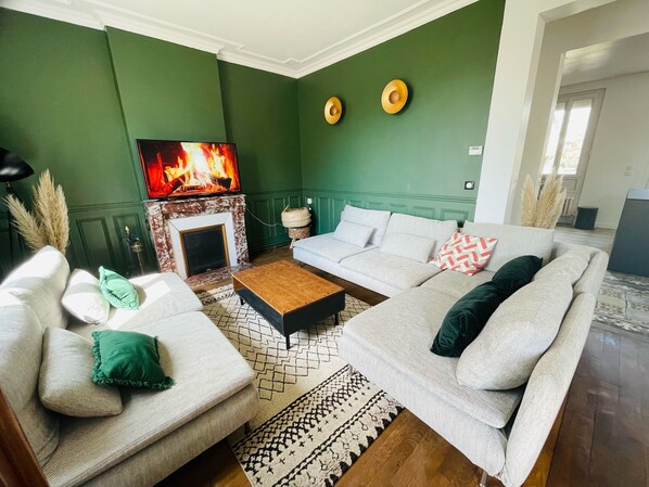 Televisión, chimenea y libros