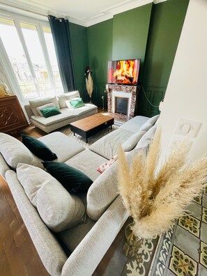 Téléviseur, foyer, livres