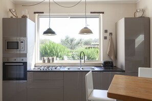 Fridge, microwave, oven, stovetop