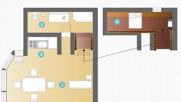 A floor plan of a hotel room with a bathroom, kitchenette, and a small sitting area.