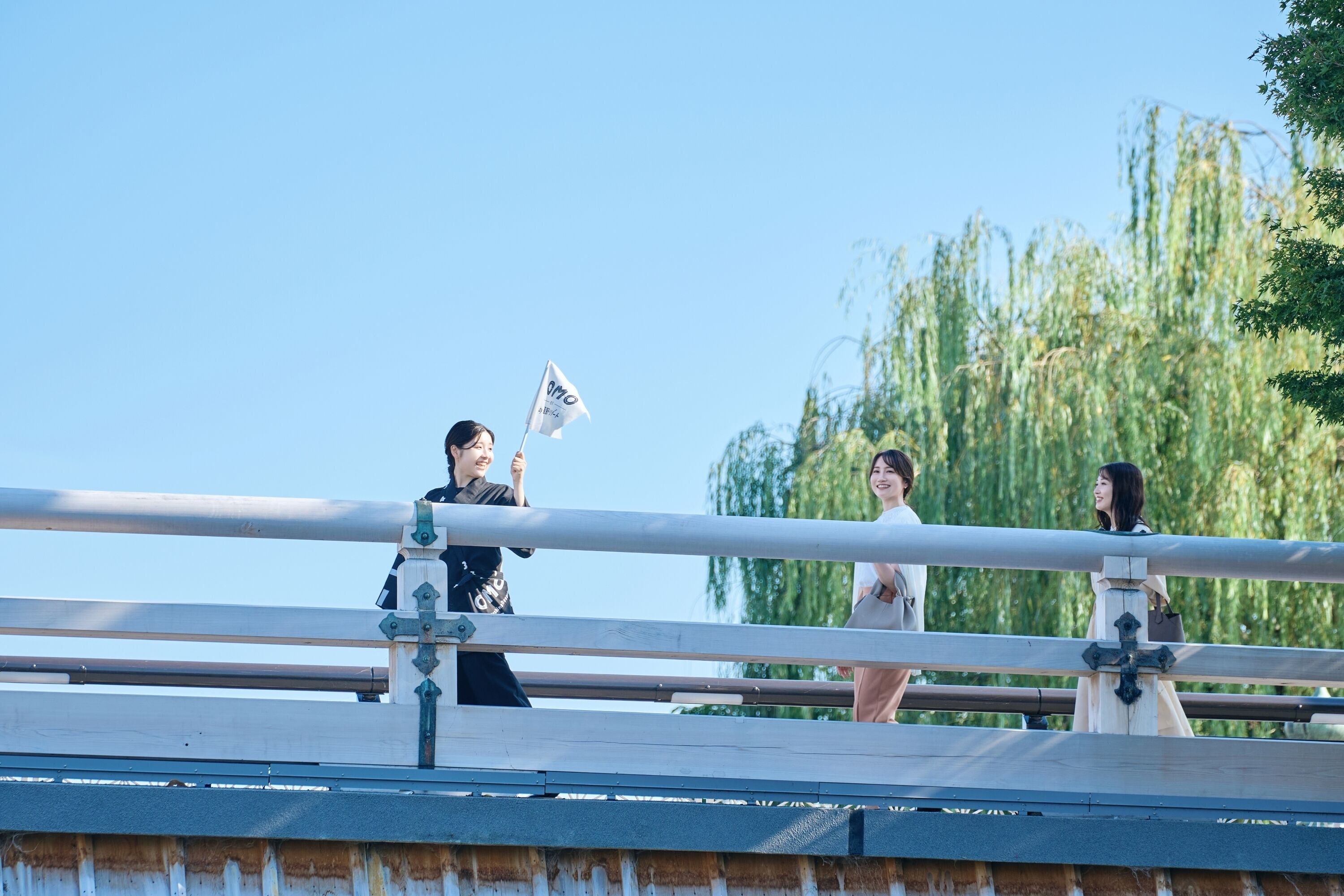 A bridge with metal railings and a clear sky.