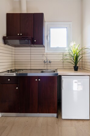 Comfort Studio, Ground Floor | Private kitchen | Fridge, stovetop, cookware/dishes/utensils, cleaning supplies - Hotel Grekas (Dio-Olympos)