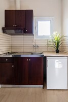 Una cocina compacta con armarios de madera oscura, un refrigerador blanco, una estufa empotrada, una ventana y una planta en maceta.