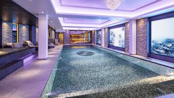 Indoor pool, open 10:00 AM to 6:00 PM, pool loungers