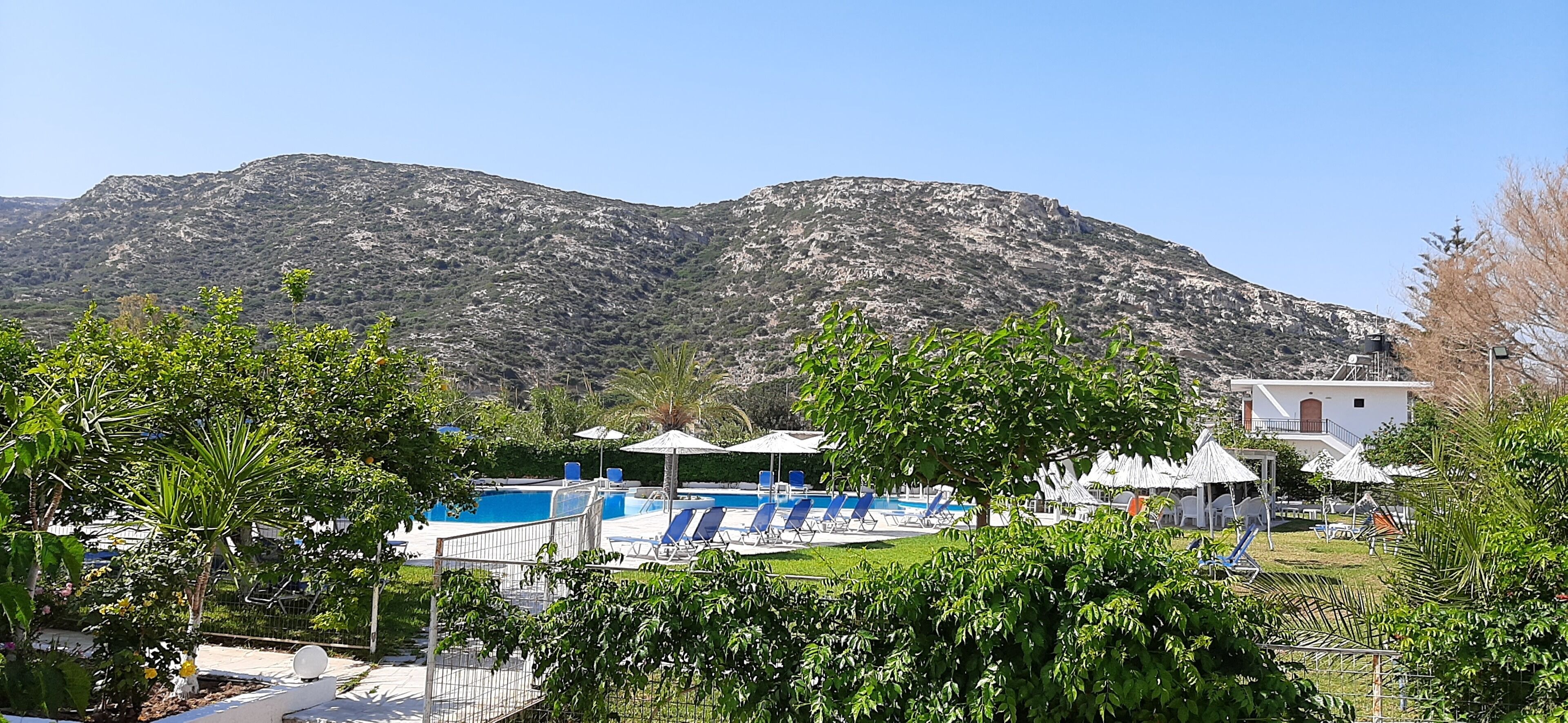 A pool area with lounge chairs and umbrellas, surrounded by greenery and a mountain backdrop.