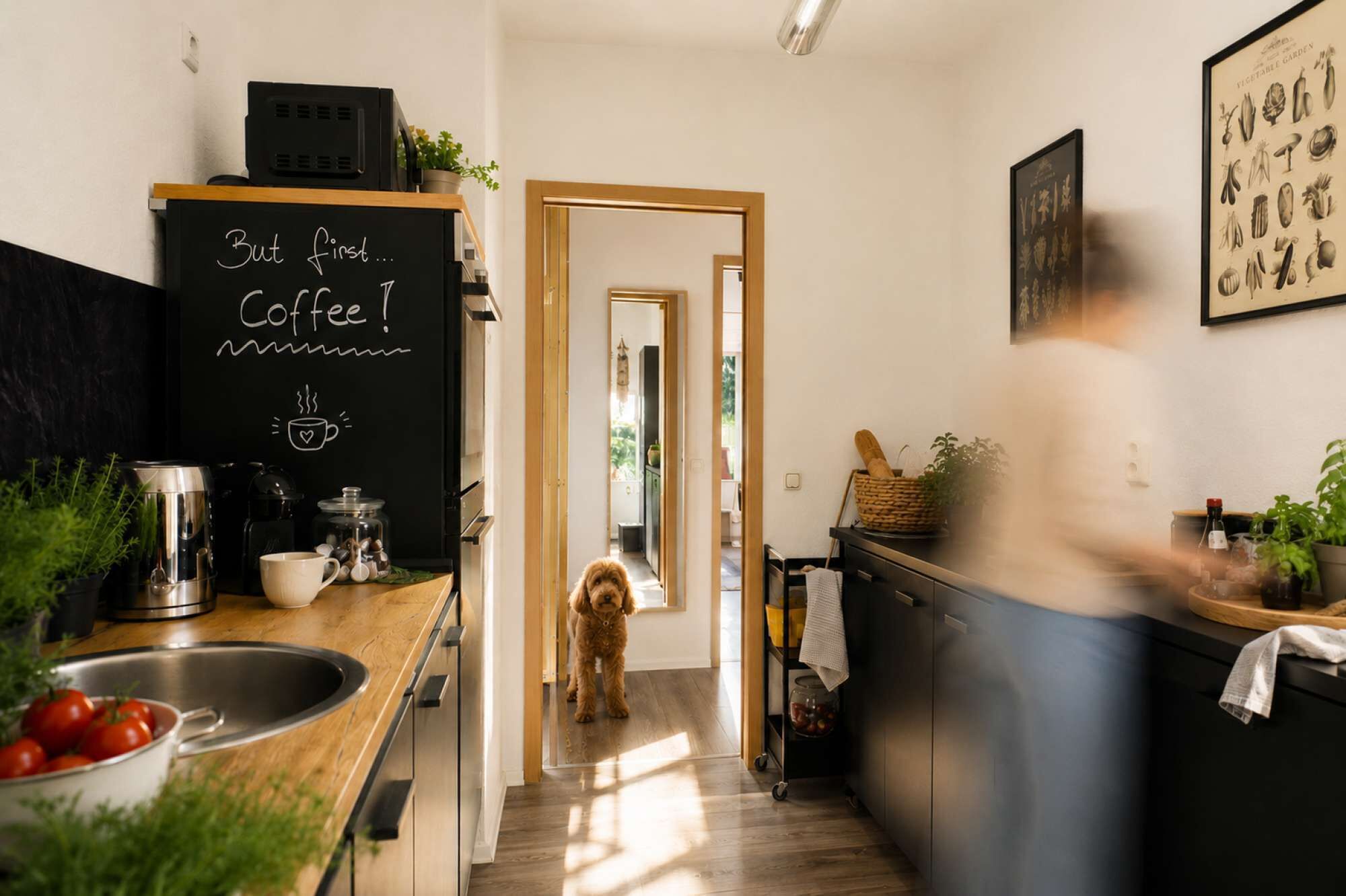 Eine moderne Küche mit einer Kreidetafel, einem Hund und einer sich bewegenden Person.