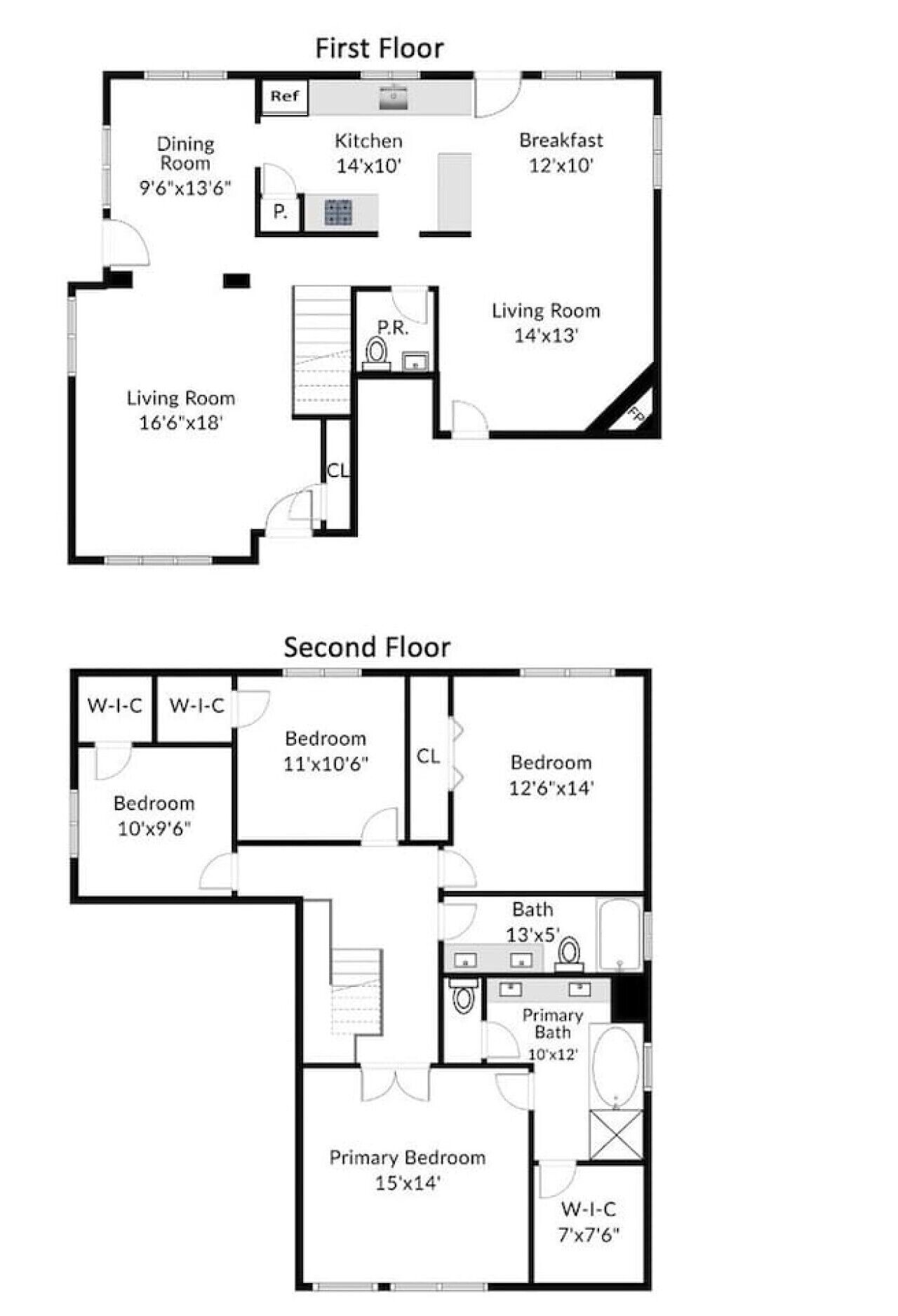A two-floor apartment layout with a dining room, kitchen, living room, two bedrooms, a bathroom, and a primary bedroom.