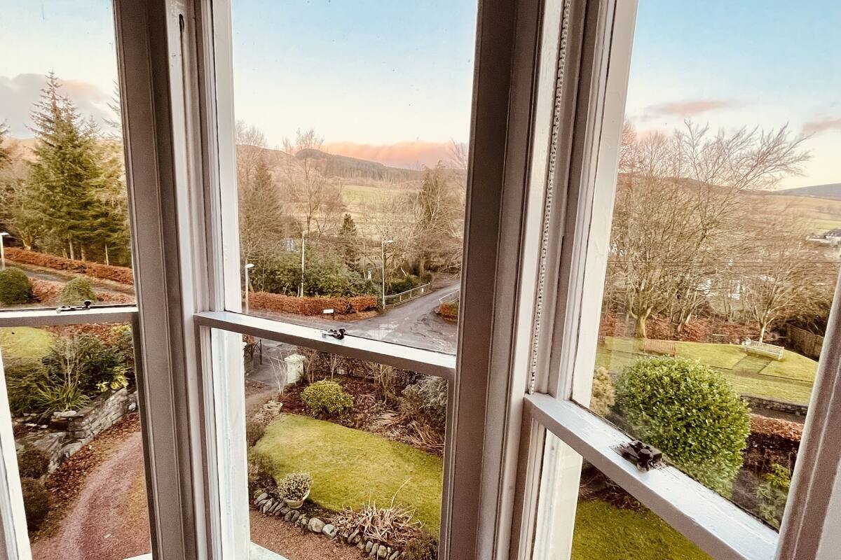 Une vue à travers une fenêtre donnant sur un paysage rural, avec des arbres, une route et une zone herbeuse.
