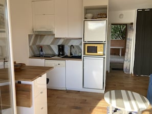 Coffee/tea maker, fridge, microwave, oven