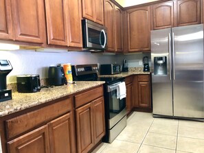 Microwave, highchair, cookware/dishes/utensils