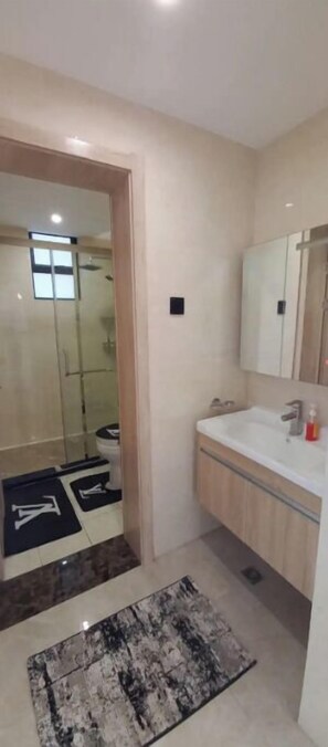 Shower, towels, soap, toilet paper