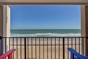 A balcony with a view of the beach and ocean. - 216-B Villa Capriani (North Topsail Beach)
