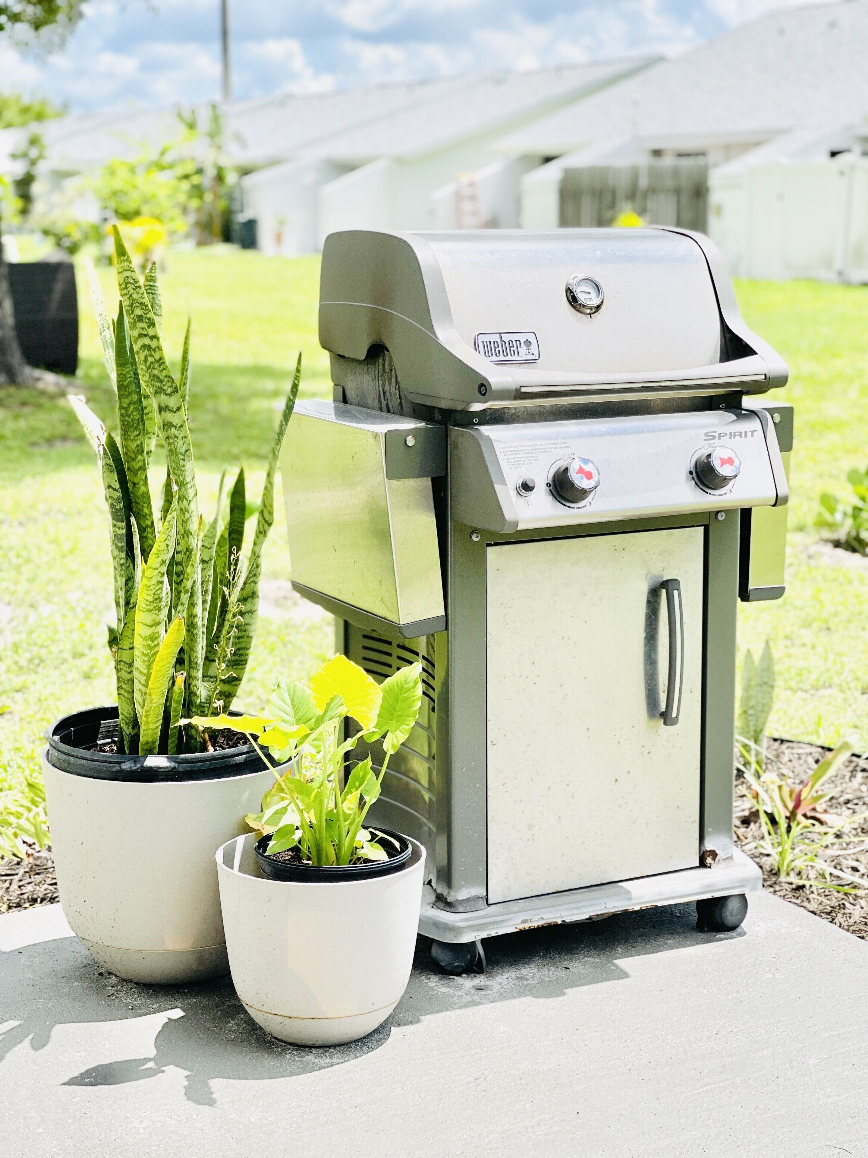 En portabel Weber Spirit-grill med ett skåp och ett lock, placerad på en betongyta utomhus.