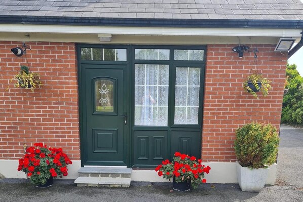 Une maison en briques avec une porte d’entrée verte, deux pots de fleurs rouges et une petite marche menant à la porte.