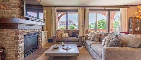 Smart TV, fireplace, video games, DVD player