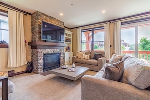 Smart TV, fireplace, video games, DVD player