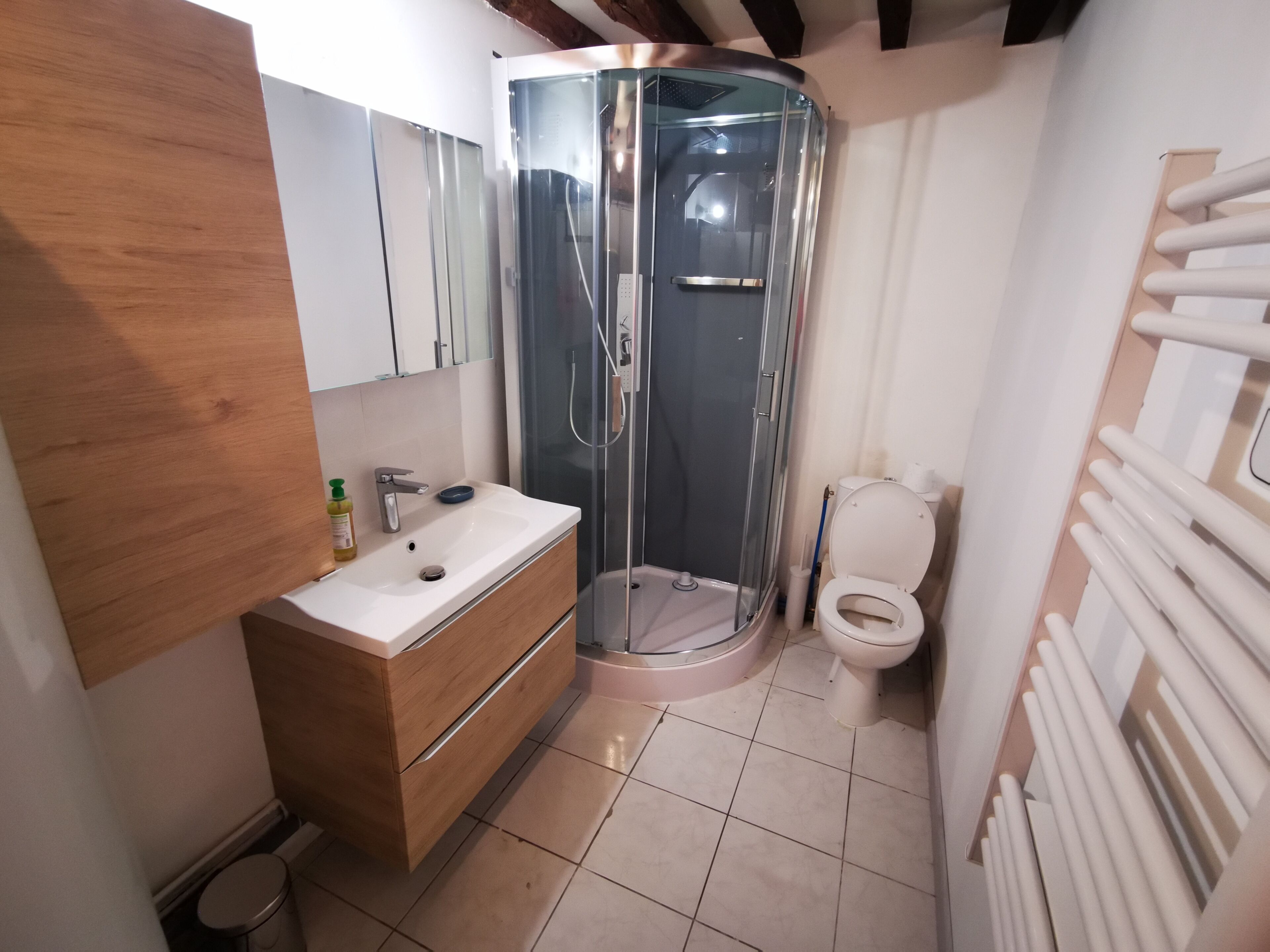 A modern bathroom with a glass-enclosed shower, a white sink, and a toilet.