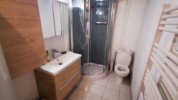 A modern bathroom with a glass-enclosed shower, a white sink, and a toilet.