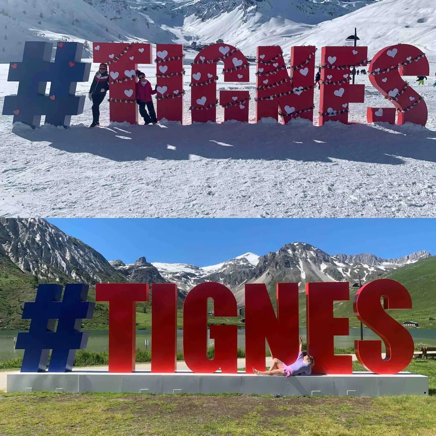 Outdoor signs with the hashtag #TIGNES in a mountainous area.
