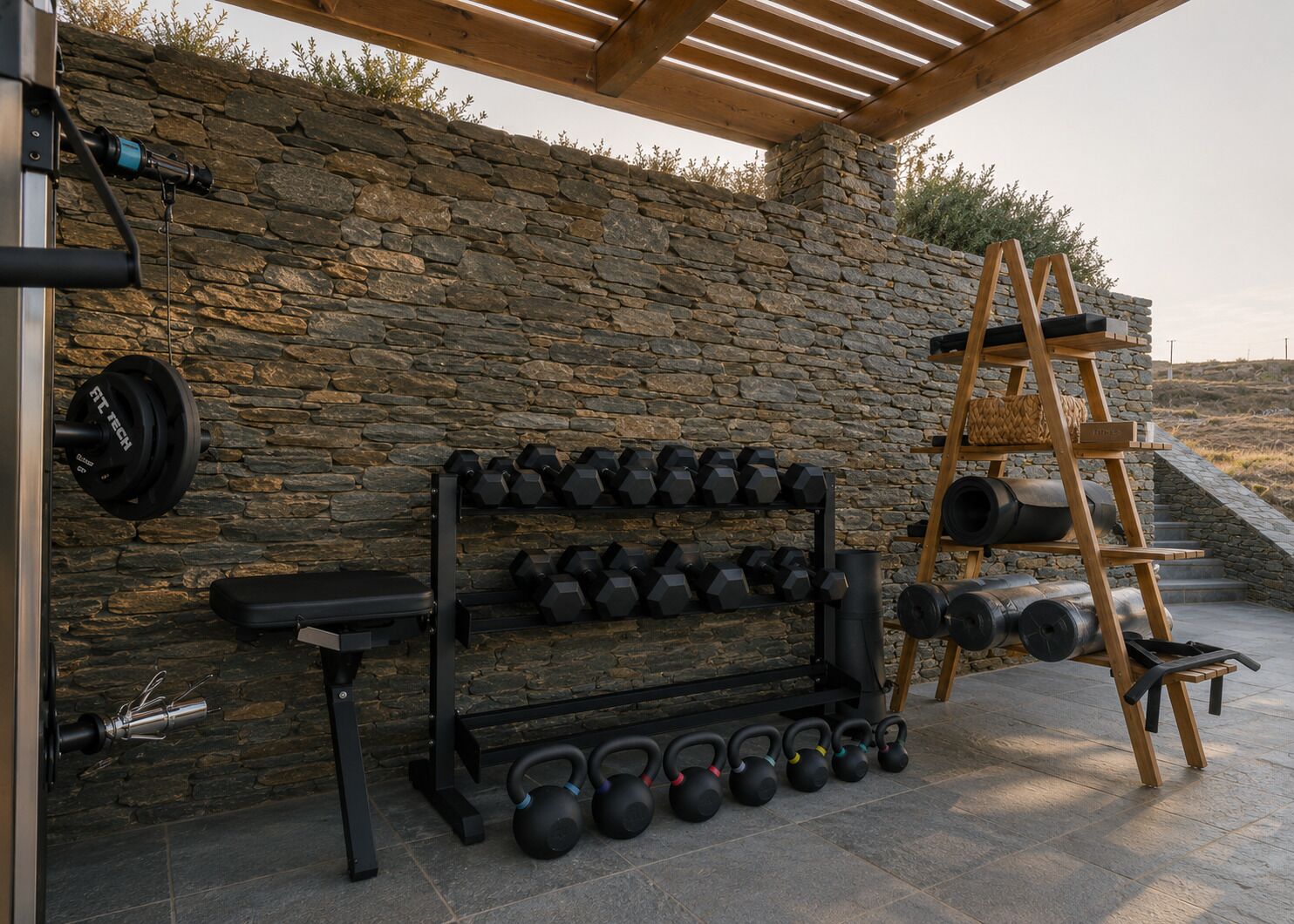 A stone wall, a wooden bench, a rack of dumbbells, kettlebells, and a kettlebell stand.