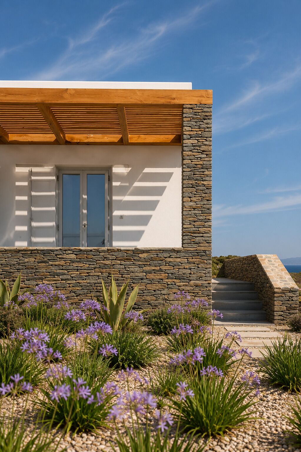 A modern building with a stone facade, a wooden overhang, and a view of the sea.