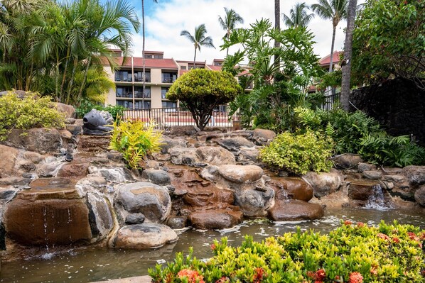 Escape to a serene garden oasis with a soothing waterfall and lush tropical surroundings.