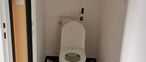 A small, narrow bathroom with a toilet, a wall-mounted flush handle, and a patterned floor.