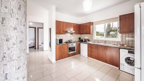 Eine moderne Küche mit Holzschränken, einem eingebauten Backofen, einem Geschirrspüler und einem großen Fenster.