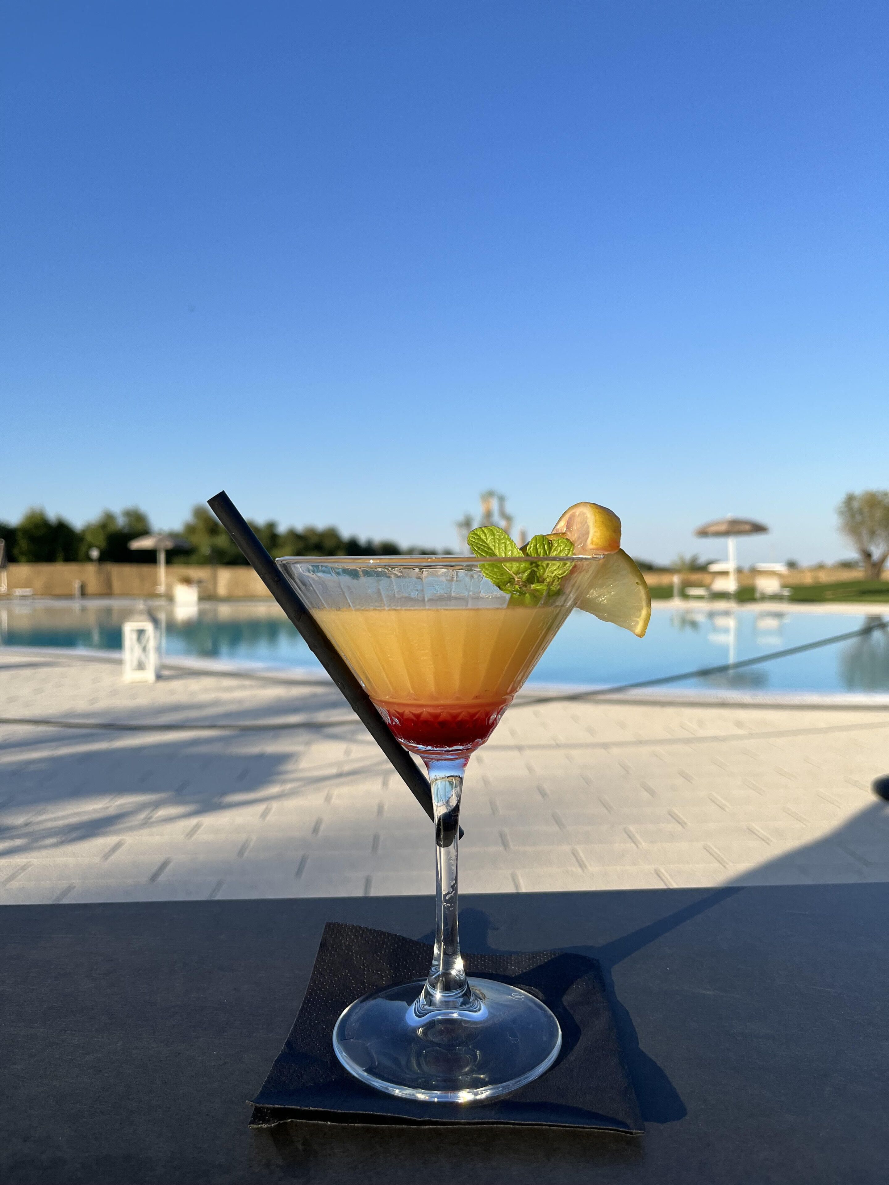 Un cóctel con una rodaja de limón y hojas de menta, sobre una mesa con una piscina al fondo.