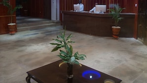 A hotel lobby with a reception desk, a chandelier, and potted plants. - K-class Hotel (Abuja)