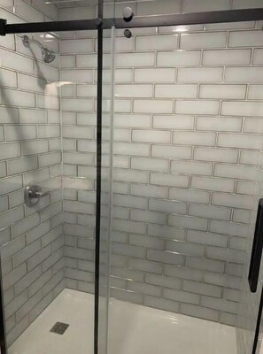 Douche, séchoir à cheveux, serviettes fournies, savon